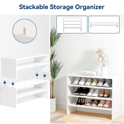 Extra Wide Stackable Wood Shoe Rack 28 Inch Two Shelf Storage Organizer Holds Nine Pairs showing dual tier stackable design.