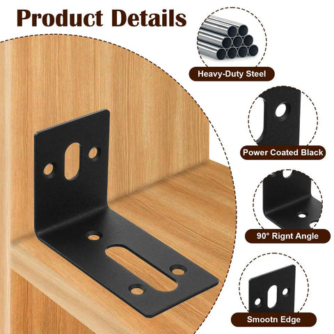 Rock Solid Ten Pack Black Slotted L Brackets For Furniture Adjustable Corner Supports Heavy Duty Metal Right Angle Braces No Sweat Setup Built Like A Tank For Any DIY Project - Close-up of black L bracket mounted on wood.