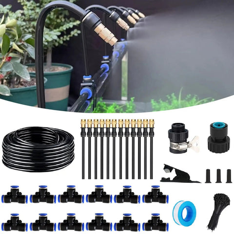 Drip Irrigation Kit With Quick Connector For Automatic Garden Lawn And Patio Watering Fifty Feet Tubing Twelve 360 Degree Bend Droppers Twelve Atomizing Copper Nozzles Tee Fittings Universal Faucet Connector Cutter And Cable Ties.