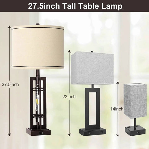 Tall Farmhouse End Table Lamps With Built In Outlets And USB Ports, Rustic Industrial Style Lighting shown with measurements.