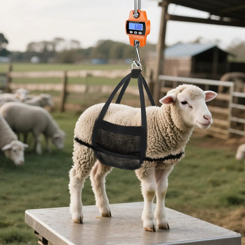 Rock Solid Heavy Duty Digital Hanging Scale Premium Aluminum Crane Gauge 660 Lb Capacity showing sheep being weighed outdoors.