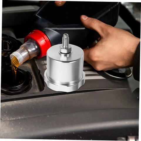 Hydraulic Oil Tank Brake Fluid Cup Replacement Reservoir For Racing Drifting Cars next to engine, silver color