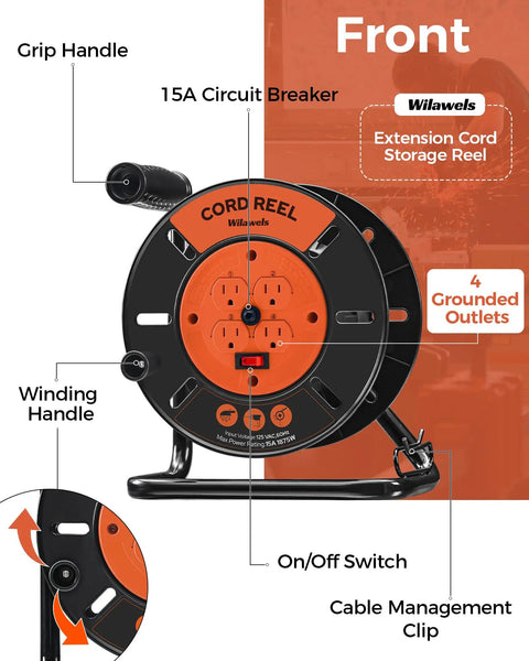 Heavy Duty Extension Cord Storage Reel With Four Grounded Outlets Built Tough Hand Wind Retractable Reel For 12/3 14/3 16/3 Gauge Cords 15 Amp Circuit Breaker ETL Listed Orange, front view with labeled parts