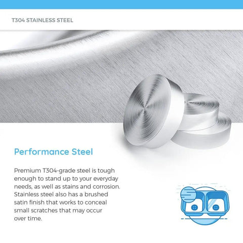 Close-up of brushed T304 stainless steel finish, highlighting material for 30 Inch Single Bowl Stainless Steel Kitchen Sink 16 Gauge 304 Grade Extra Thick Durable Workhorse With Deep Bowls And Modern Sleek Look For Heavy Duty Dishes And Daily Kitchen Use.