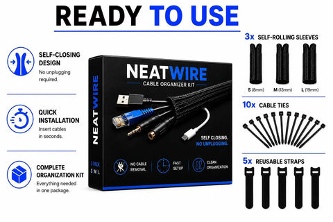 Premium NeatWire Self-Closing Cable Sleeve Kit For Snazzy Wire Management. Flexible Split Loom Keeps Your Desk Crisp Without Unplugging.