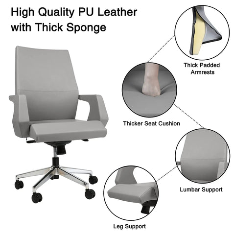 Kick Back All Day With This Legit Ergonomic Executive Office Chair Featuring Smooth Adjustable Reclining Lock Tilt Water Resistant Faux Leather Cushion Sturdy Aluminum Pedestal Base And Silent Rolling Wheels For Your Prime Home Office Setup In Cool Grey with thick padded armrests.