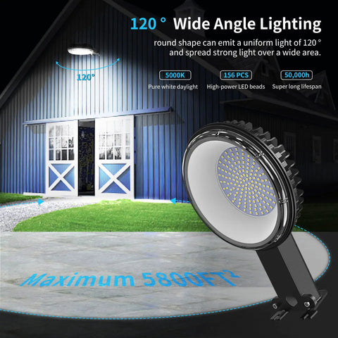 2 Pack 150W LED Barn Light Dusk To Dawn Outdoor Security Flood Light illuminating barn with wide-angle lighting