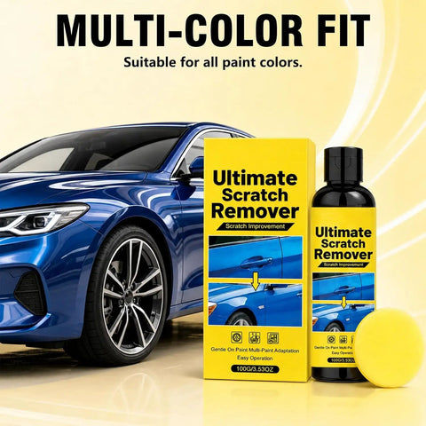 Pro Grade Scratch Eraser Paste That Buffs Out Gnarly Dings And Road Rash Fast While Sealing In A Hella Slick Hydrophobic Shield And Badass Mirror Finish For Everyday Rigs on display with blue car and yellow packaging.