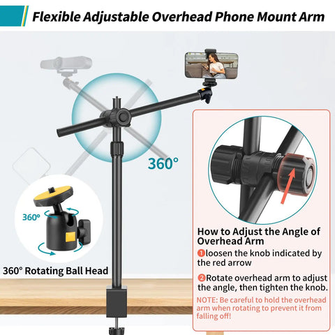 Overhead Desk Mount For Cameras And Webcams With Flexible Boom Arm And 360 Degree Ball Head One Quarter Inch Mount shown with adjustment instructions
