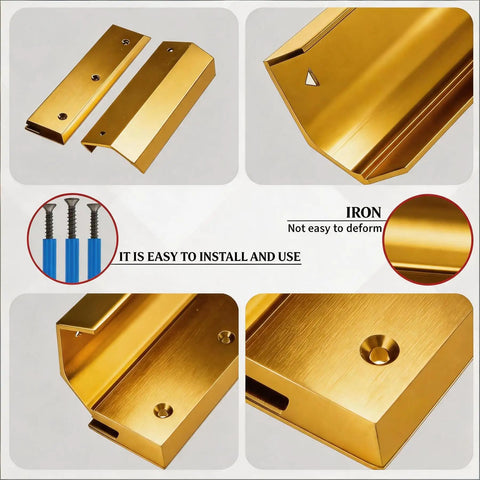 Heavy Duty Floor Door Lock And Security Barricade Anchors Interior Doors Tight To The Floor To Keep Burglars Out Cold With Rock Solid Rugged Aluminum Frame, golden color, includes screws.