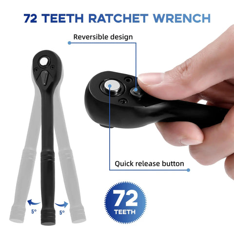 Close-up of 72-tooth ratchet from Beefy Heavy Duty 50 Piece Three Eighths Inch Drive Socket Set with reversible design.
