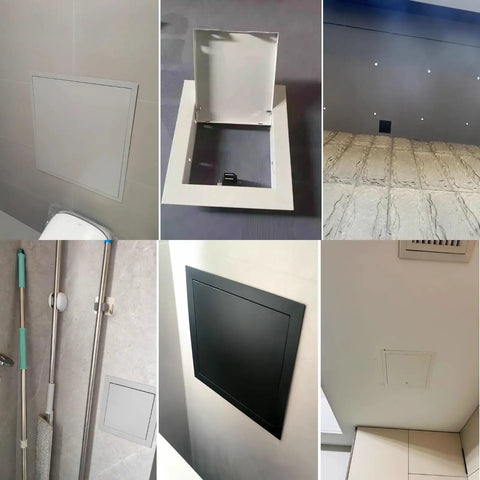 Rock Solid Metal Access Panel For Drywall And Drop Ceilings Matte Black Inspection Door Hatch shown in various installations.