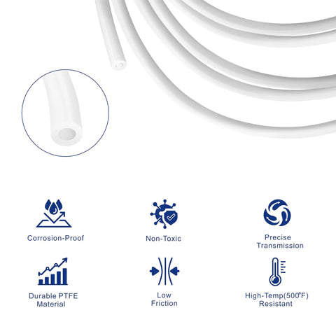 Teflon Bowden Tubing For 1.75mm Filament 3D Printer, 10ft Long, 3mm ID and 4mm OD, PTFE Tube showing features like non-toxic, high-temp resistant