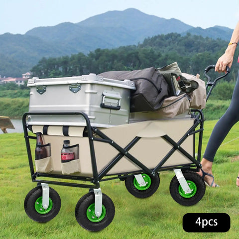 Heavy Duty Pneumatic Caster Wheels Set Of Four With Two Rigid And Two Swivel Brackets mounted on a garden cart carrying a cooler and bags.