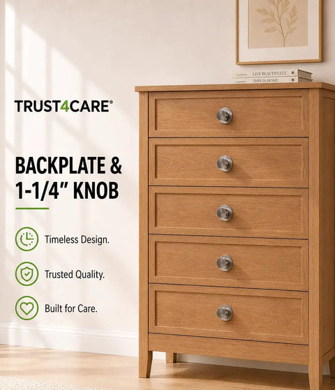 Top Shelf Two Pack Brushed Nickel Bifold Closet Door Knob Backplates Hella Tough Die Cast Zinc Escutcheon Plates with wood dresser.