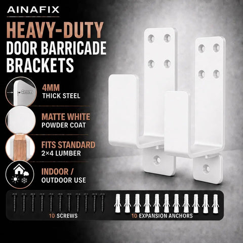 Heavy Duty Door Barricade Brackets 2 Pack Rust Proof White Steel Reinforcement Bars For Standard 2x4 Lumber with screws and anchors.