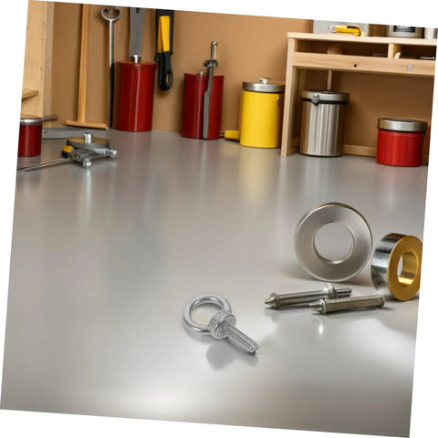 Extended Length M6 Stainless Steel Eye Bolts With Closed Ring And Through Hole For Deep Anchoring, Weatherproof And Wear Resistant, Beefy Heavy Duty Wall Hooks, Machinery Mounts, And Rugged Surfaces on a workbench