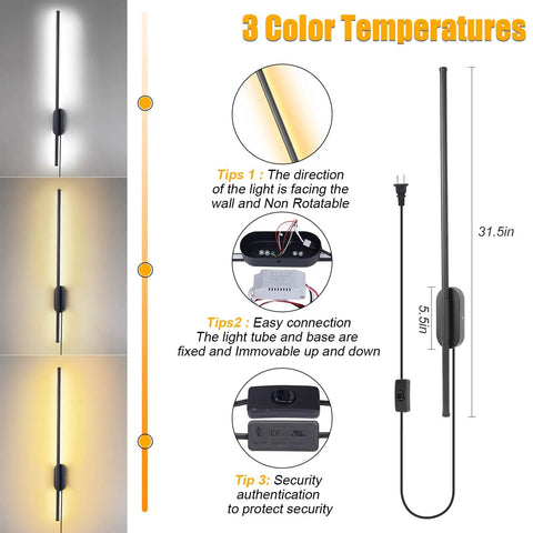 Set Of Two Black Matte Plug In Wall Sconces With Cord Switch LED Linear Wall Lights Sleek Slim Design Dimmable Three Color Temperature