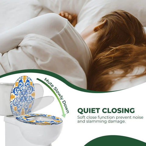 Toilet Seat Elongated Resin for Bathroom with colorful design, showing soft close feature and installation information.