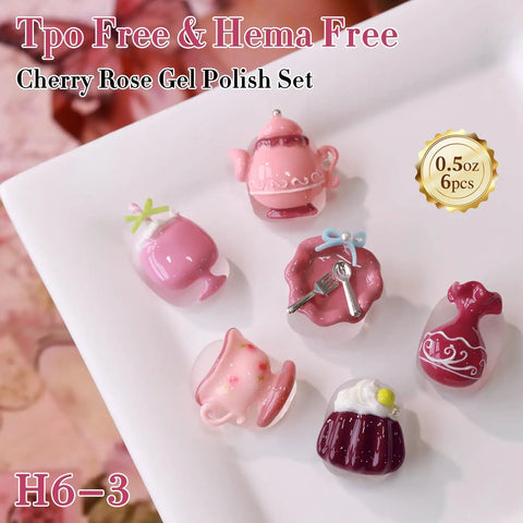 Six Piece HEMA Free Gel Polish Set 15ml Each In Nude Pink Rose Burgundy Neutral Milky Shades Soak Off Same Color Same Bottle Easy UV LED Cure In 60-120 Seconds For Nail Art Mani DIY Salon.
