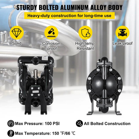 Heavy Duty Air Operated Double Diaphragm Pump With One Inch Inlet And Outlet Aluminum Body And Durable Nitrile Diaphragms Built Like A Tank Delivering Up To Thirty Five Gallons Per Minute At One Twenty Psi For No Sweat Operation On Site, showing bolted aluminum alloy body.