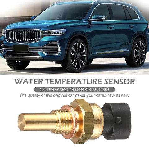 Water Temperature Sensor Kit For Automotive Engines, Contact Sensitive No Break Plug And Play Wire Installation Kit, Delphi 3rd Generation Compatible, OEM Aliases 15369305 1341856 55199579 21123851010, Black And Gold, shown with an SUV in the background.
