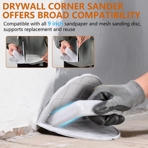 Hands using Semi Circular Corner Sander Kit With Hook And Loop Backing, 12 Piece 9 Inch Sanding Discs Set 120 180 240 Grit on wall corner