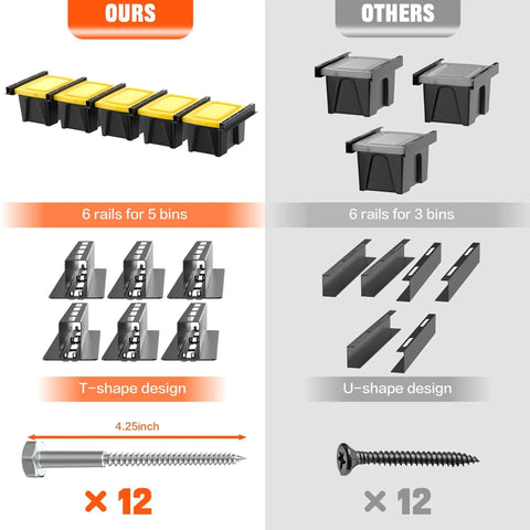 Comparison of Garage Ceiling Bin Storage Rack systems, showcasing heavy duty overhead tote rail for five bins vs three bins.