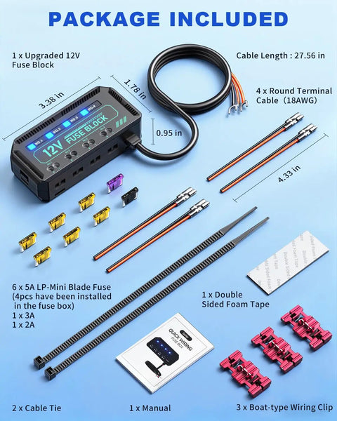 Drop In 12V Fuse Block With 20A Relay Junction Kit Featuring Four Separate Circuits and Low Profile Mini Blade Holders components layout.