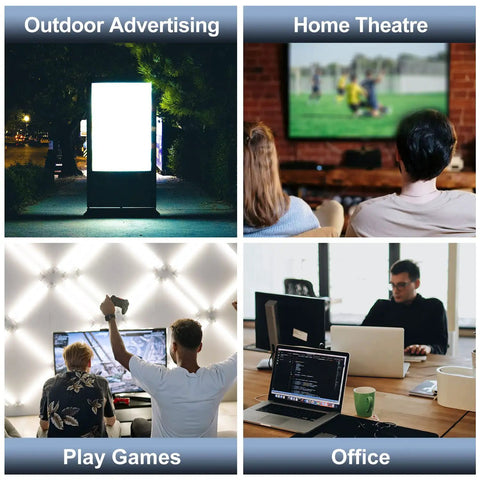 Collage showing digital signage, home theater setup, gaming, and office workstations with screens.