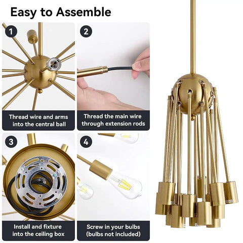 Sputnik Chandeliers 18 Light Large Modern Mid Century Ceiling Fixture With Adjustable Arms in assembly steps.