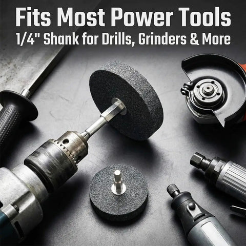 Pro Grade Mounted Grinding Stone Kit 5 Piece Set With Cylindrical 25 mm And 38 mm Stones And T Shape 40 50 60 mm displayed with power tools.
