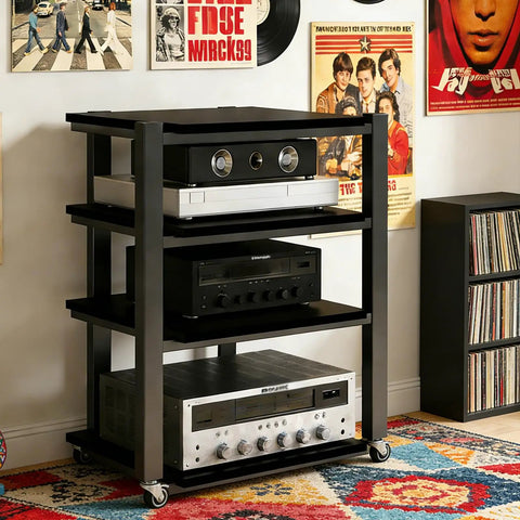 Heavy Duty Audio Component Rack With Smooth Locking Wheels Four Tier Black AV Media Stand holding audio equipment in a stylish home setup.