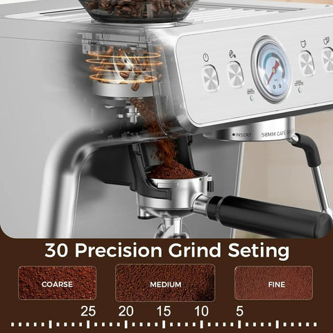 Kickin Up Bold Flavor With A Built In Grinder, 20 Bar Pressure Espresso Coffee Maker, 30 Precise Settings For Perfect Fresh Grounds close-up of grinder, showing coffee beans and ground coffee.