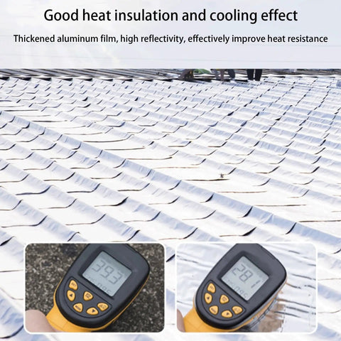 Heavy Duty Self Adhesive Roof Underlayment Roll Features Thick Aluminum Foil Backing on roof with temperature measurements.