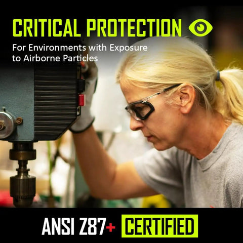 Kickass Foam Lined Safety Glasses Featuring Anti Fog Lens Technology With Tough As Nails Polycarbonate Construction And Legit Ansi Z87 Plus Certified Shielding In A Massive Pack Of One Hundred Forty Four Pairs For Daily Grind Workers worn by a woman using a drill press.