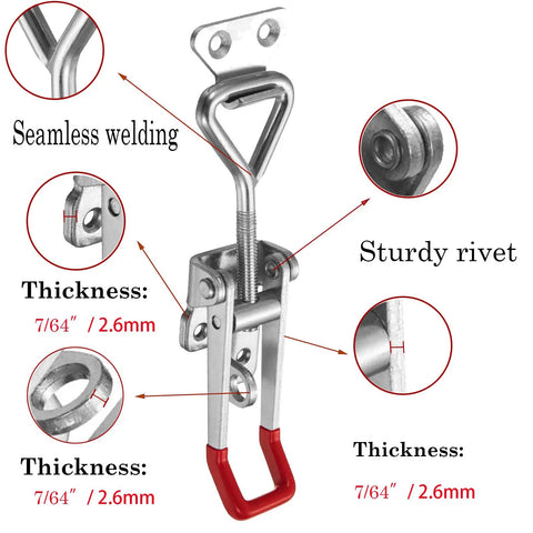 Beefy Heavy Duty Toggle Latch Clamp 4002 Style With Lock Hole 550Lbs Holding Capacity, red metallic, showing seamless welding and rivets.