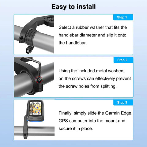 Easy installation steps for Out Front Bike Mount for Edge GPS Computers with extended handlebar arm shown with diagrams.
