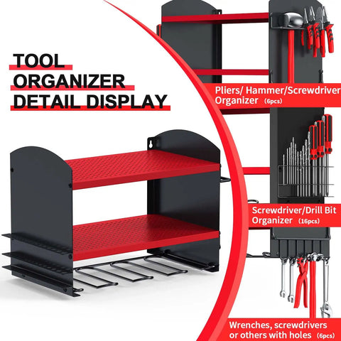 Garage Power Tool Organizer Wall Mount Rack For Cordless Drills And Heavy Duty Storage with detailed compartments, Red.