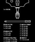 Diagram of Kraftform Kompakt 400 RA 17-Piece T-Handle Ratcheting Bit Set with item list and sizes, black background