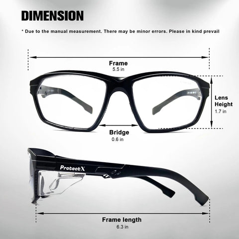 Front and side view of Safety Reading Glasses One Point Five Diopter with Anti Fog Lenses ANSI Z87 1 Rated showing dimensions