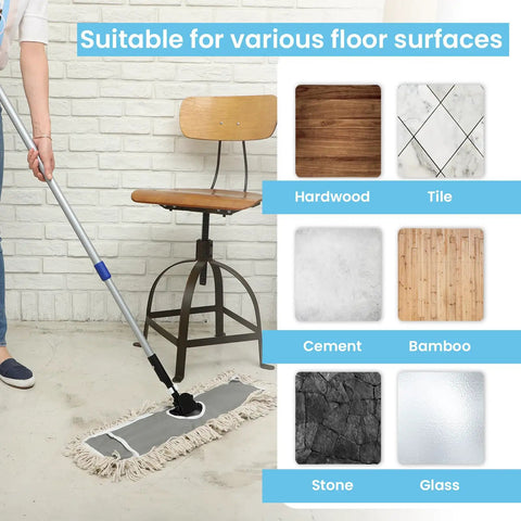 Real Deal Industrial Cotton Dust Mop With Adjustable Steel Handle For Hardwood Tile Laminate Vinyl Epoxy Floors cleaning various surfaces.