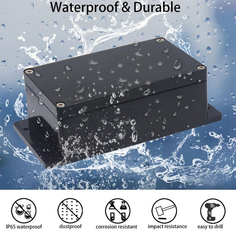 Black IP65 waterproof project box with water droplets showing durability for outdoor DIY electronics.