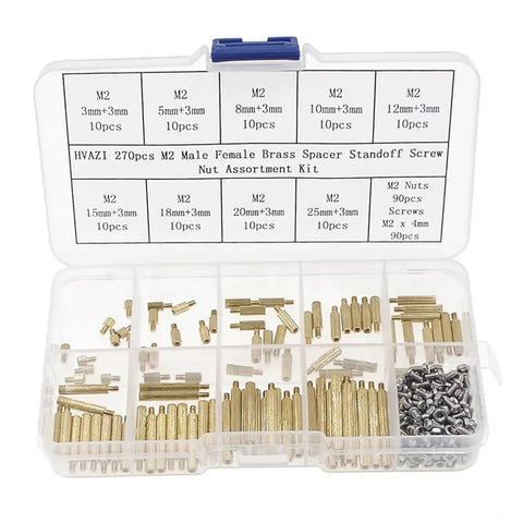 270 Piece M2 Brass Standoff And Nut Assortment Kit For Electronics PC Builds And Robotics With Rust Resistant Brass Threads For Easy Precise Mounting And Height Adjustment, organizer box