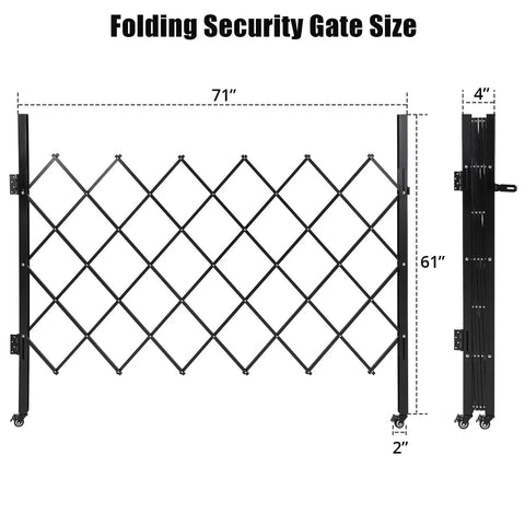 Rock Solid Steel Accordion Security Gate 61 By 71 Inch Expandable Barriers with measurements shown, black steel, folds for storage.