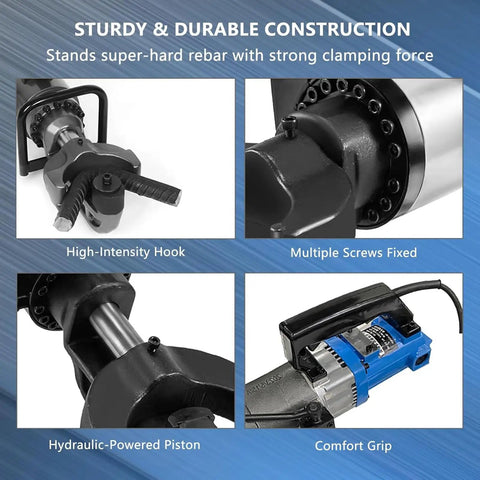 Heavy Duty Hydraulic Rebar Bender With Powerful 2000w Motor For Easy Bending And Straightening Up To 1.25 Inch Steel Rods In Just Seconds - hydraulic piston, strong hook, durable clamps.