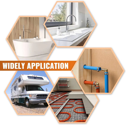 Collage showing DIY Friendly One Half Inch PEX Fittings Kit applications in plumbing, RV hookups, and underfloor heating