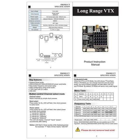 Instruction manual for Long Range 5.8GHz FPV VTX with switchable 250mW 500mW 1000mW 2000mW output, including specifications.