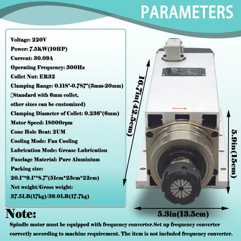 Beast Mode 7.5KW Spindle Motor 18000RPM High Speed CNC Tool For Wood Metal Stone Plastic Carving Engraving And Milling 220V With ER32 Collet And Fan Cooling product parameters diagram featuring dimensions and specifications.