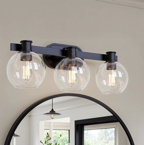 Modern Farmhouse 3 Light Vanity Light Industrial Wall Sconce With Clear Glass Globe Shade For Bedroom Hallway Kitchen Mirror Laundry Room Dope Farmhouse Glow Up Or Down Mount Now, graphite finish.